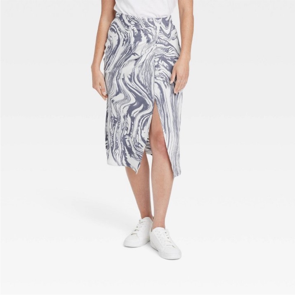 High Waisted Swirl Midi Skirt w/ Ruched Side Slit